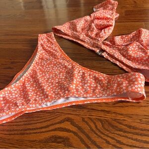 Ruffle sleeve top orange floral bikini set, Large
